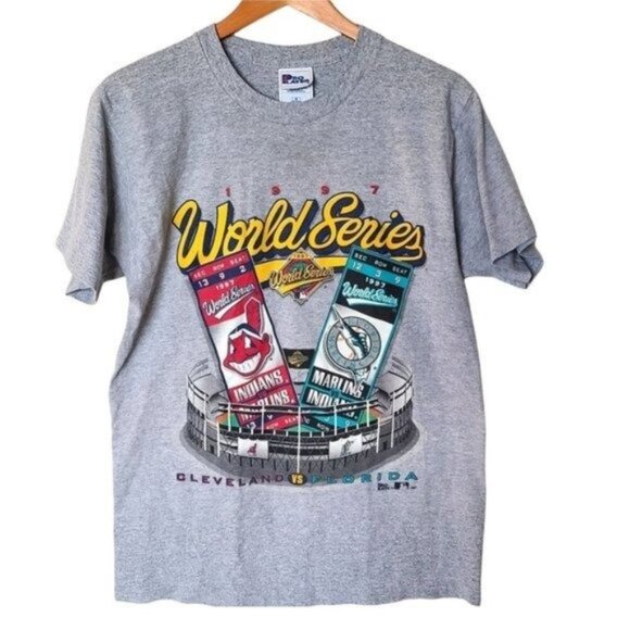 Vintage 1997 World Series Pro Player T-Shirt Cleveland Indians Florida Marlins s - Picture 1 of 9